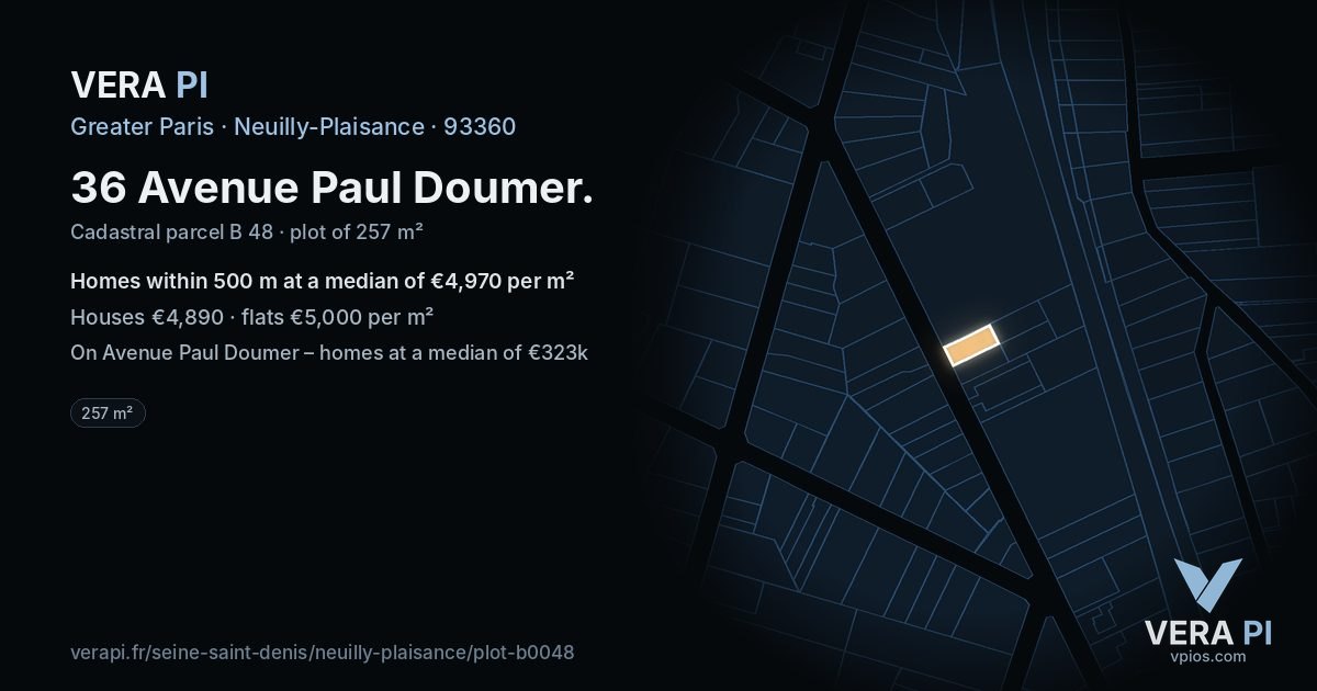 36 Avenue Paul Doumer, Neuilly-Plaisance at night – the plot lit, the parcels around coloured by the prices near them