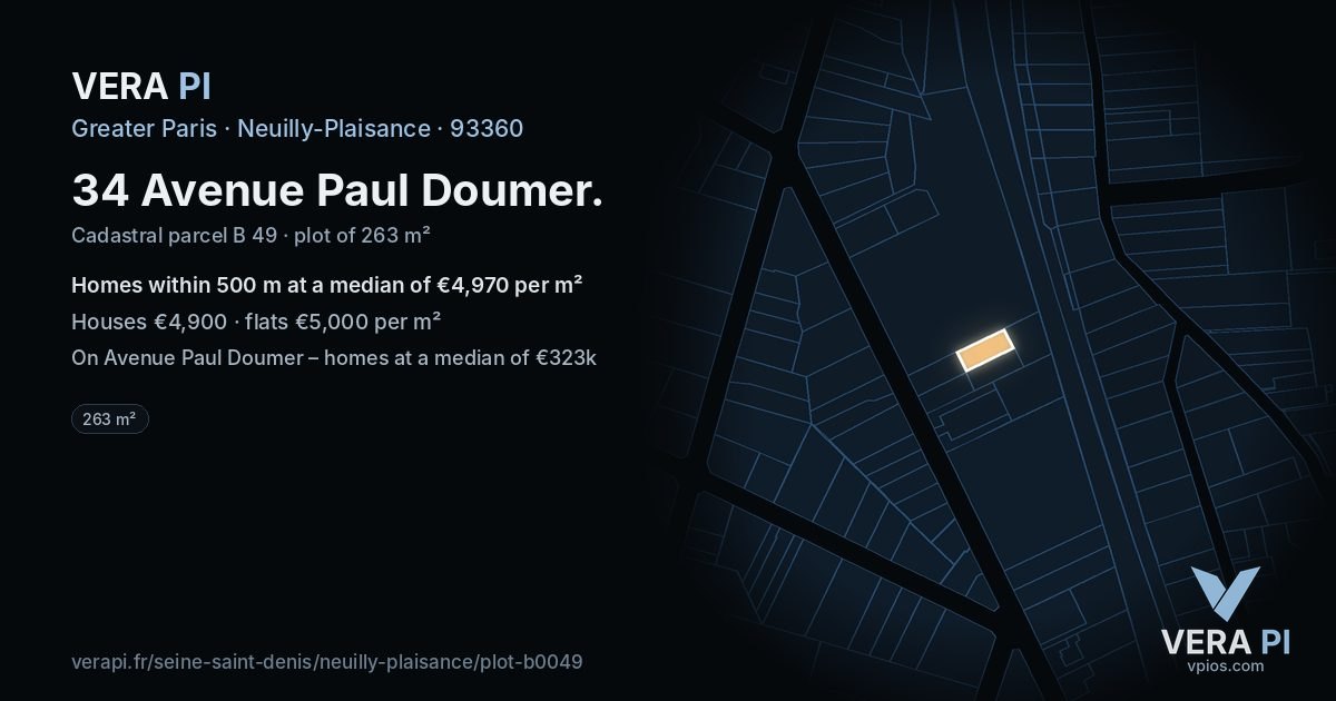 34 Avenue Paul Doumer, Neuilly-Plaisance at night – the plot lit, the parcels around coloured by the prices near them
