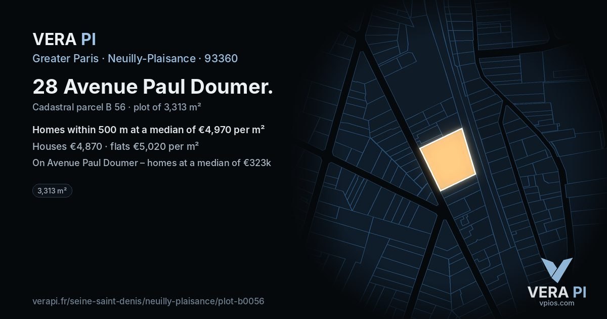 28 Avenue Paul Doumer, Neuilly-Plaisance at night – the plot lit, the parcels around coloured by the prices near them