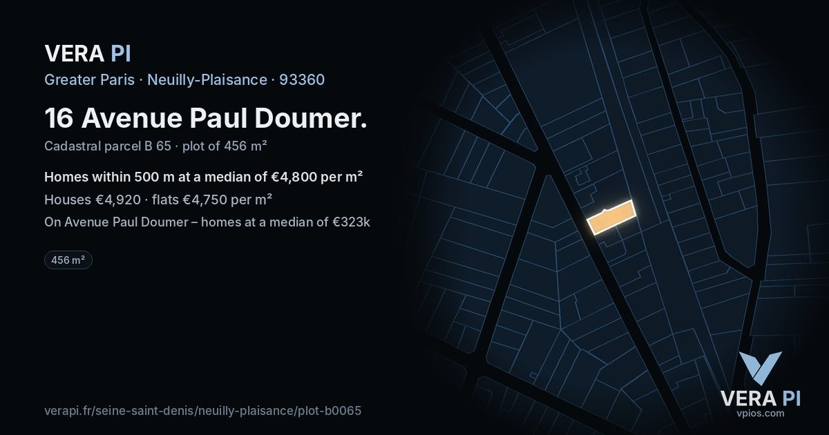 16 Avenue Paul Doumer, Neuilly-Plaisance at night – the plot lit, the parcels around coloured by the prices near them