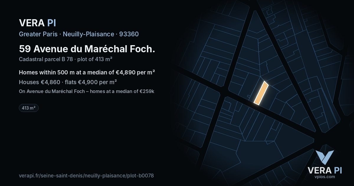 59 Avenue du Maréchal Foch, Neuilly-Plaisance at night – the plot lit, the parcels around coloured by the prices near them