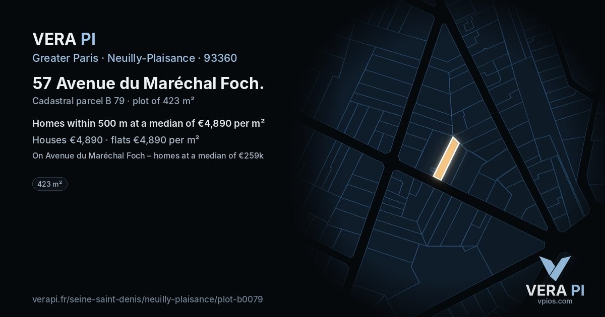 57 Avenue du Maréchal Foch, Neuilly-Plaisance at night – the plot lit, the parcels around coloured by the prices near them