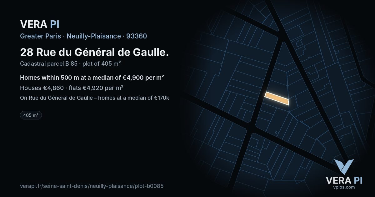 28 Rue du Général de Gaulle, Neuilly-Plaisance at night – the plot lit, the parcels around coloured by the prices near them