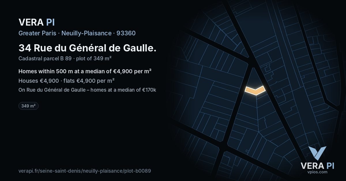 34 Rue du Général de Gaulle, Neuilly-Plaisance at night – the plot lit, the parcels around coloured by the prices near them