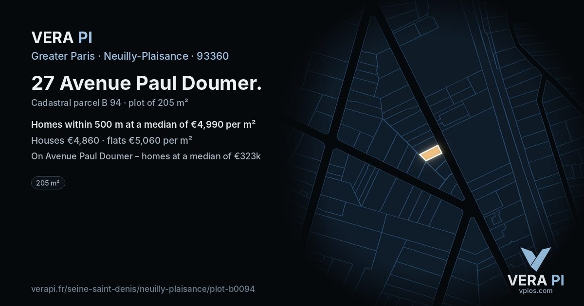 27 Avenue Paul Doumer, Neuilly-Plaisance at night – the plot lit, the parcels around coloured by the prices near them
