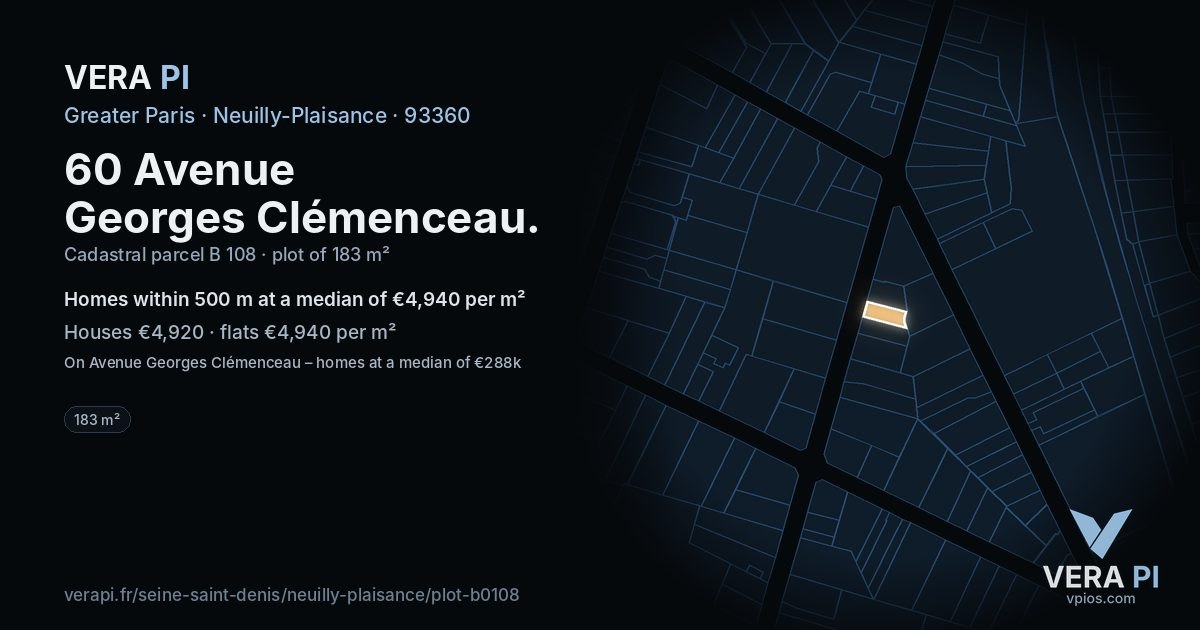 60 Avenue Georges Clémenceau, Neuilly-Plaisance at night – the plot lit, the parcels around coloured by the prices near them