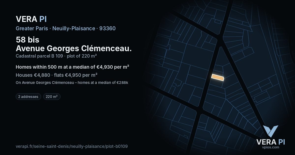 58 bis Avenue Georges Clémenceau, Neuilly-Plaisance at night – the plot lit, the parcels around coloured by the prices near them