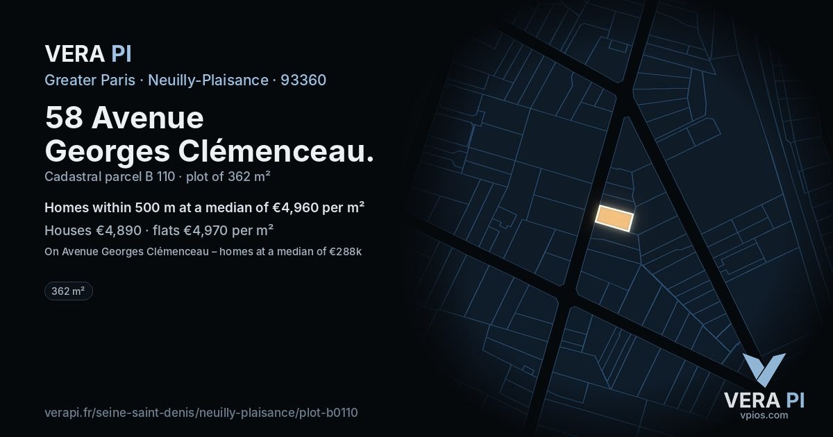 58 Avenue Georges Clémenceau, Neuilly-Plaisance at night – the plot lit, the parcels around coloured by the prices near them