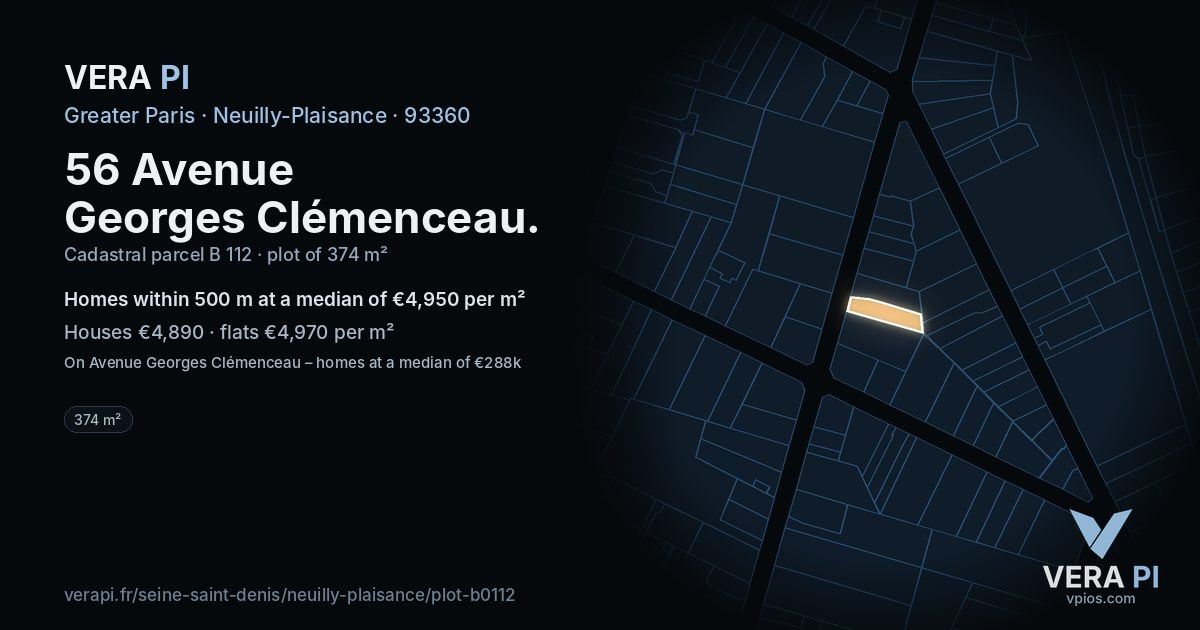 56 Avenue Georges Clémenceau, Neuilly-Plaisance at night – the plot lit, the parcels around coloured by the prices near them