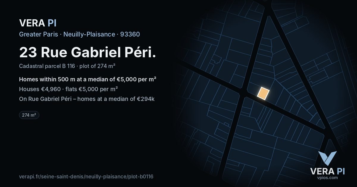 23 Rue Gabriel Péri, Neuilly-Plaisance at night – the plot lit, the parcels around coloured by the prices near them
