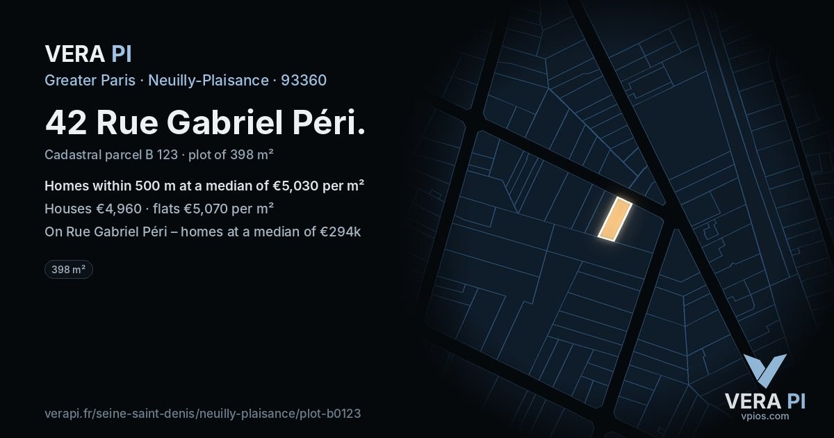 42 Rue Gabriel Péri, Neuilly-Plaisance at night – the plot lit, the parcels around coloured by the prices near them