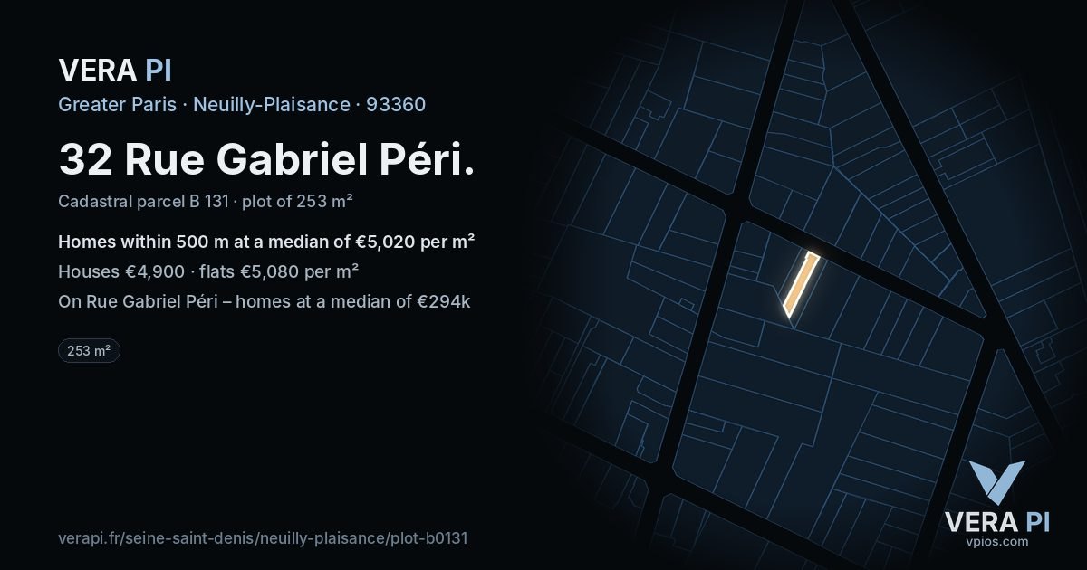 32 Rue Gabriel Péri, Neuilly-Plaisance at night – the plot lit, the parcels around coloured by the prices near them