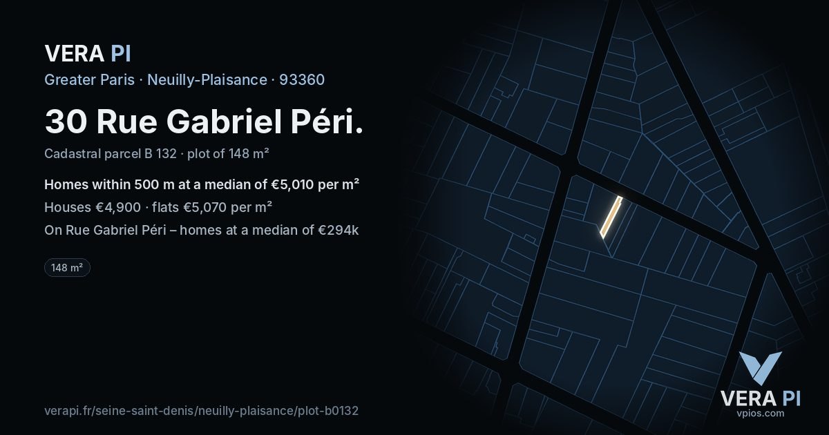 30 Rue Gabriel Péri, Neuilly-Plaisance at night – the plot lit, the parcels around coloured by the prices near them