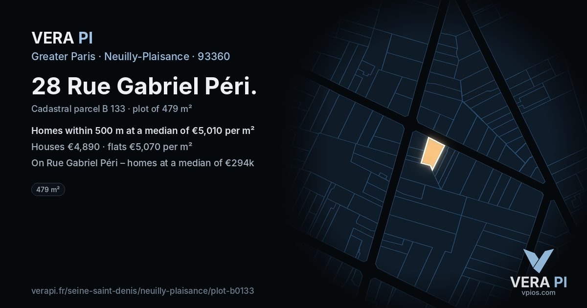 28 Rue Gabriel Péri, Neuilly-Plaisance at night – the plot lit, the parcels around coloured by the prices near them