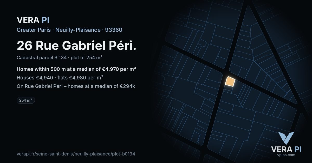 26 Rue Gabriel Péri, Neuilly-Plaisance at night – the plot lit, the parcels around coloured by the prices near them