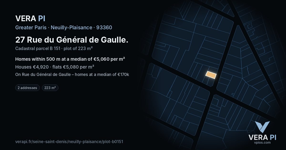 27 Rue du Général de Gaulle, Neuilly-Plaisance at night – the plot lit, the parcels around coloured by the prices near them