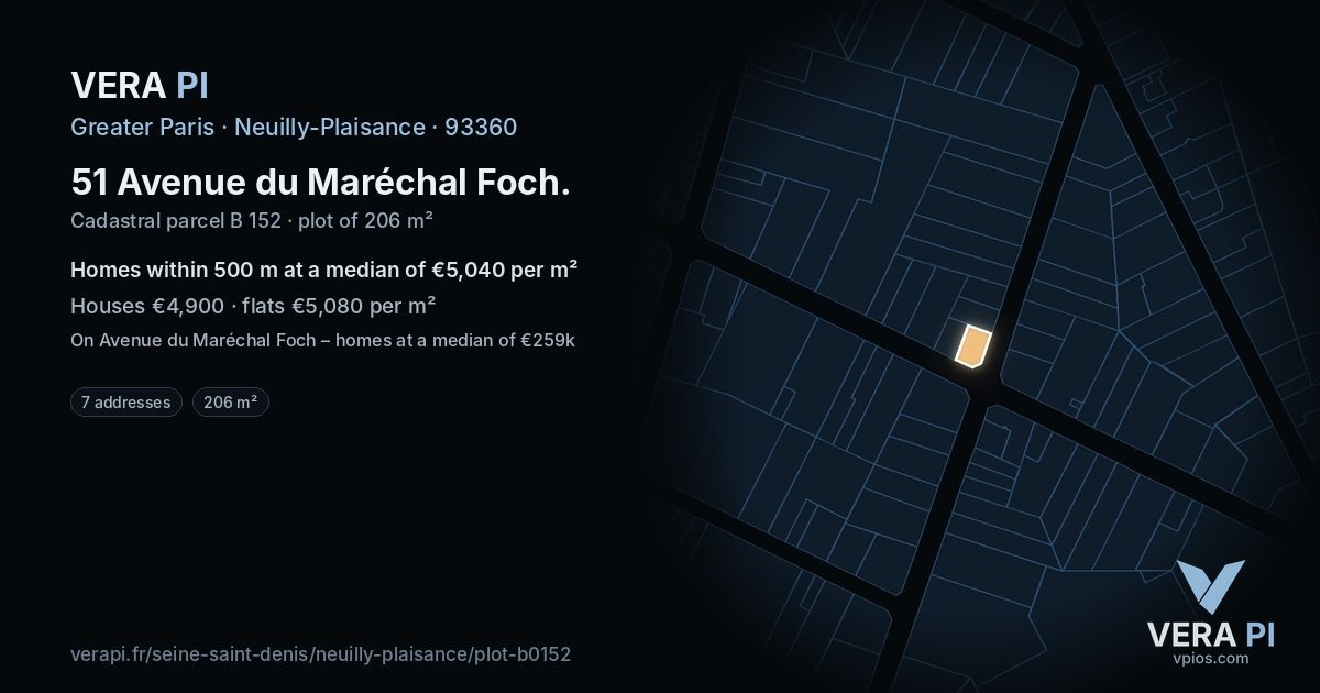 51 Avenue du Maréchal Foch, Neuilly-Plaisance at night – the plot lit, the parcels around coloured by the prices near them