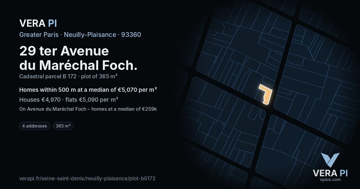 29 ter Avenue du Maréchal Foch, Neuilly-Plaisance at night – the plot lit, the parcels around coloured by the prices near them