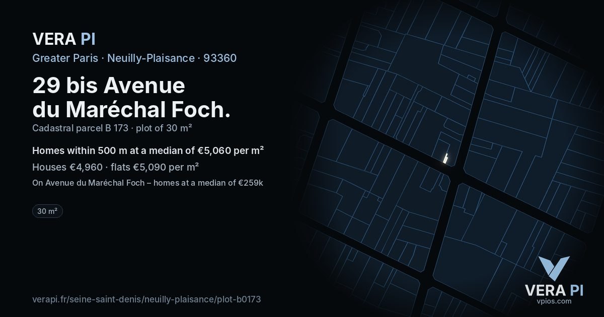 29 bis Avenue du Maréchal Foch, Neuilly-Plaisance at night – the plot lit, the parcels around coloured by the prices near them