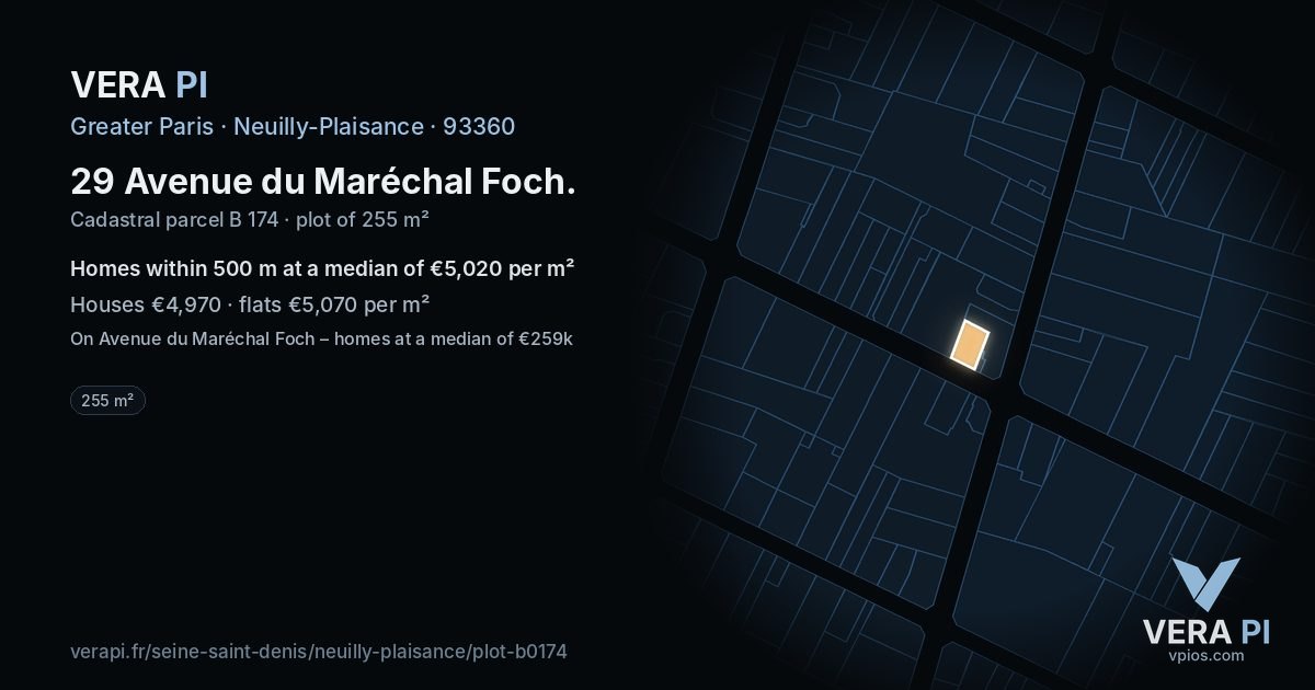 29 Avenue du Maréchal Foch, Neuilly-Plaisance at night – the plot lit, the parcels around coloured by the prices near them