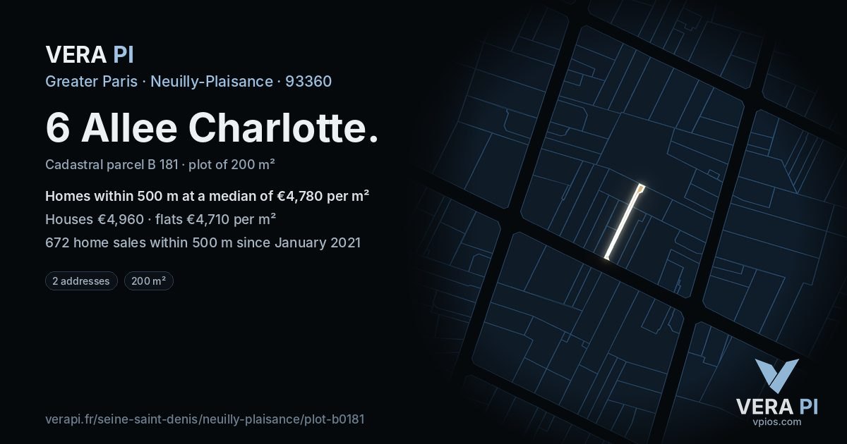 6 Allee Charlotte, Neuilly-Plaisance at night – the plot lit, the parcels around coloured by the prices near them