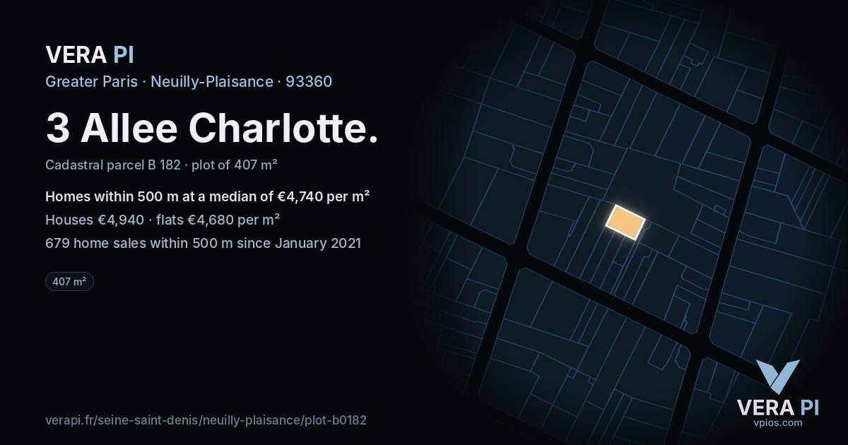 3 Allee Charlotte, Neuilly-Plaisance at night – the plot lit, the parcels around coloured by the prices near them