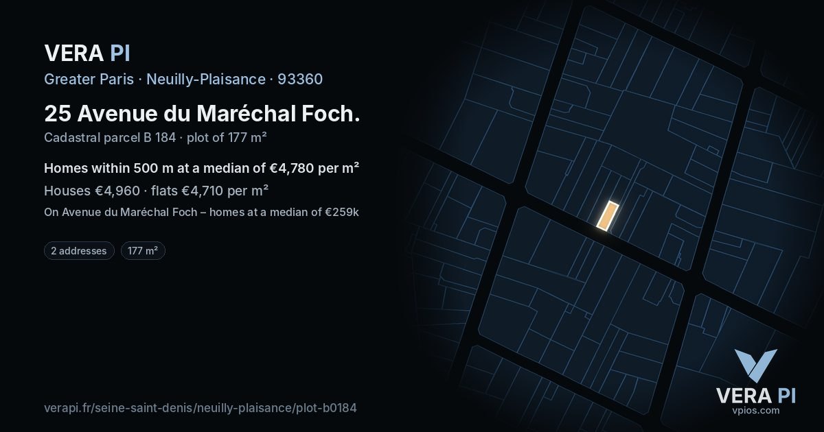 25 Avenue du Maréchal Foch, Neuilly-Plaisance at night – the plot lit, the parcels around coloured by the prices near them