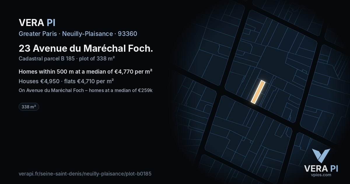 23 Avenue du Maréchal Foch, Neuilly-Plaisance at night – the plot lit, the parcels around coloured by the prices near them