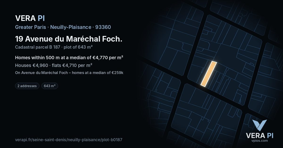 19 Avenue du Maréchal Foch, Neuilly-Plaisance at night – the plot lit, the parcels around coloured by the prices near them
