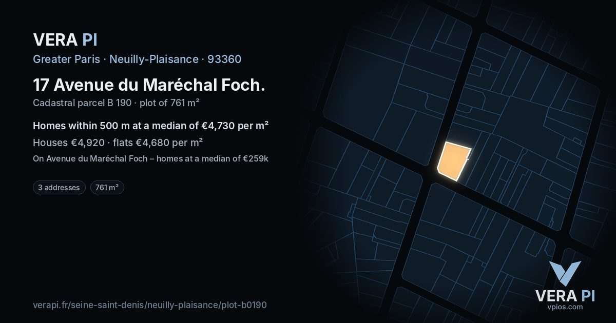 17 Avenue du Maréchal Foch, Neuilly-Plaisance at night – the plot lit, the parcels around coloured by the prices near them