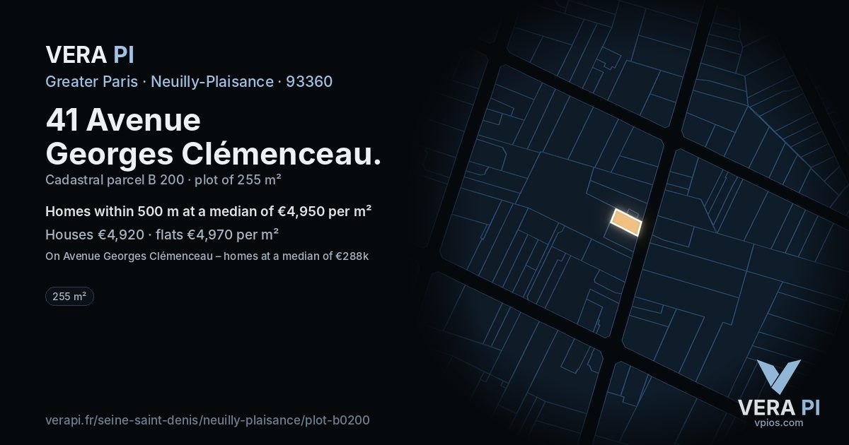 41 Avenue Georges Clémenceau, Neuilly-Plaisance at night – the plot lit, the parcels around coloured by the prices near them