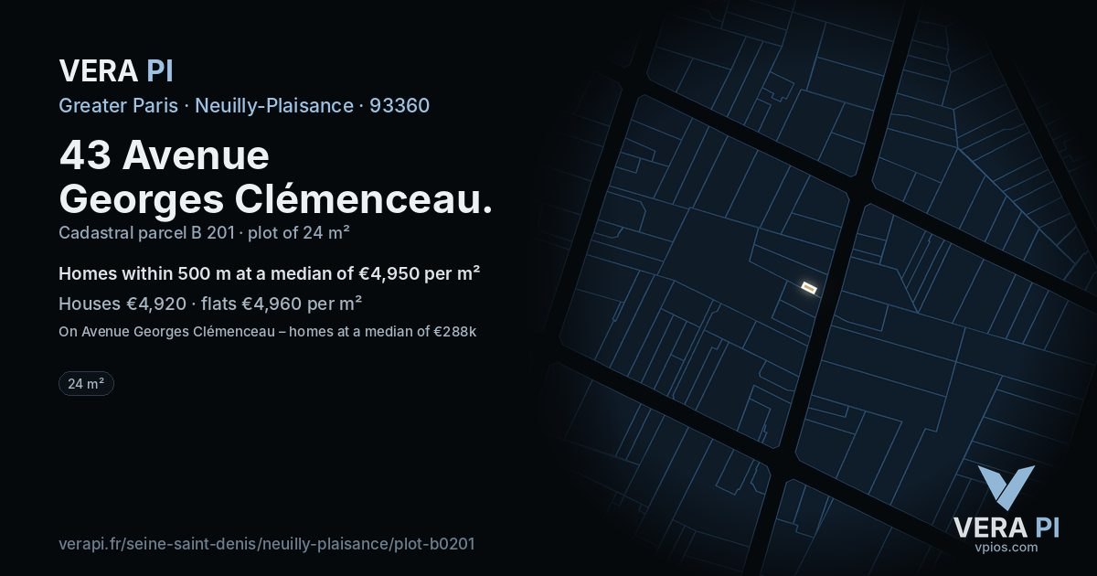 43 Avenue Georges Clémenceau, Neuilly-Plaisance at night – the plot lit, the parcels around coloured by the prices near them