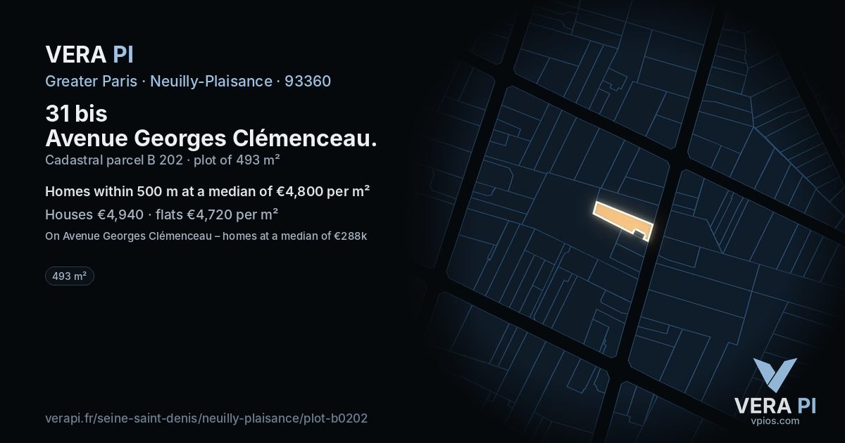 31 bis Avenue Georges Clémenceau, Neuilly-Plaisance at night – the plot lit, the parcels around coloured by the prices near them