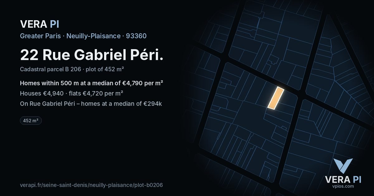 22 Rue Gabriel Péri, Neuilly-Plaisance at night – the plot lit, the parcels around coloured by the prices near them