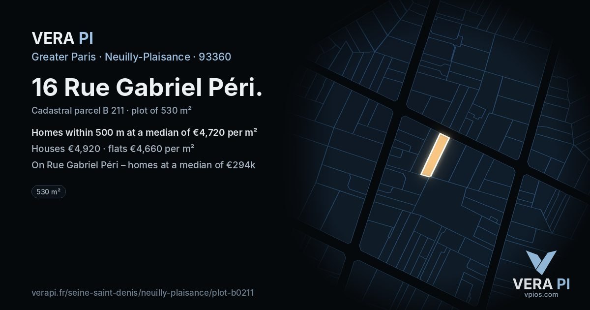 16 Rue Gabriel Péri, Neuilly-Plaisance at night – the plot lit, the parcels around coloured by the prices near them