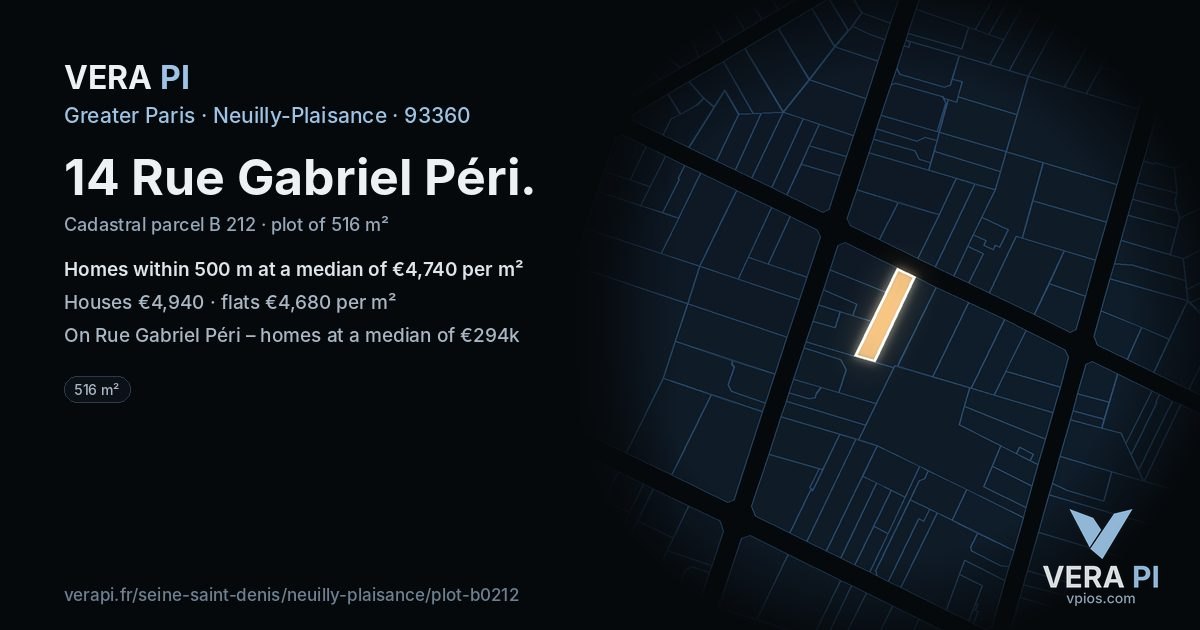 14 Rue Gabriel Péri, Neuilly-Plaisance at night – the plot lit, the parcels around coloured by the prices near them