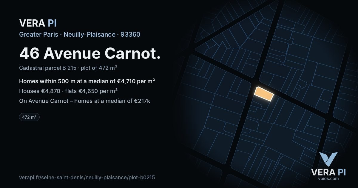 46 Avenue Carnot, Neuilly-Plaisance at night – the plot lit, the parcels around coloured by the prices near them