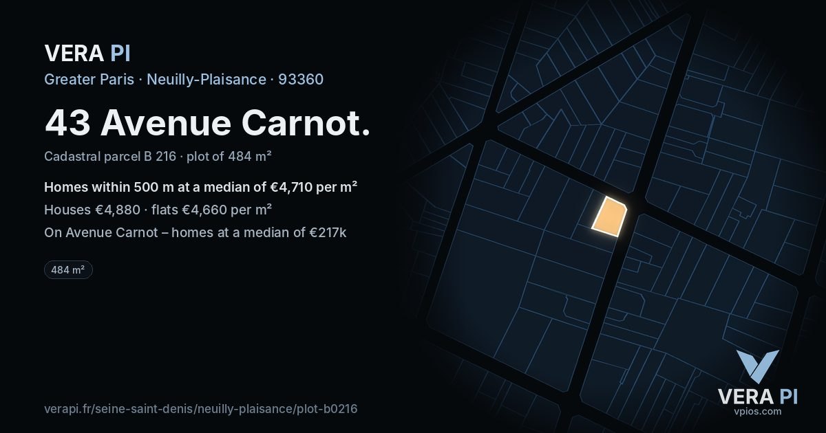 43 Avenue Carnot, Neuilly-Plaisance at night – the plot lit, the parcels around coloured by the prices near them