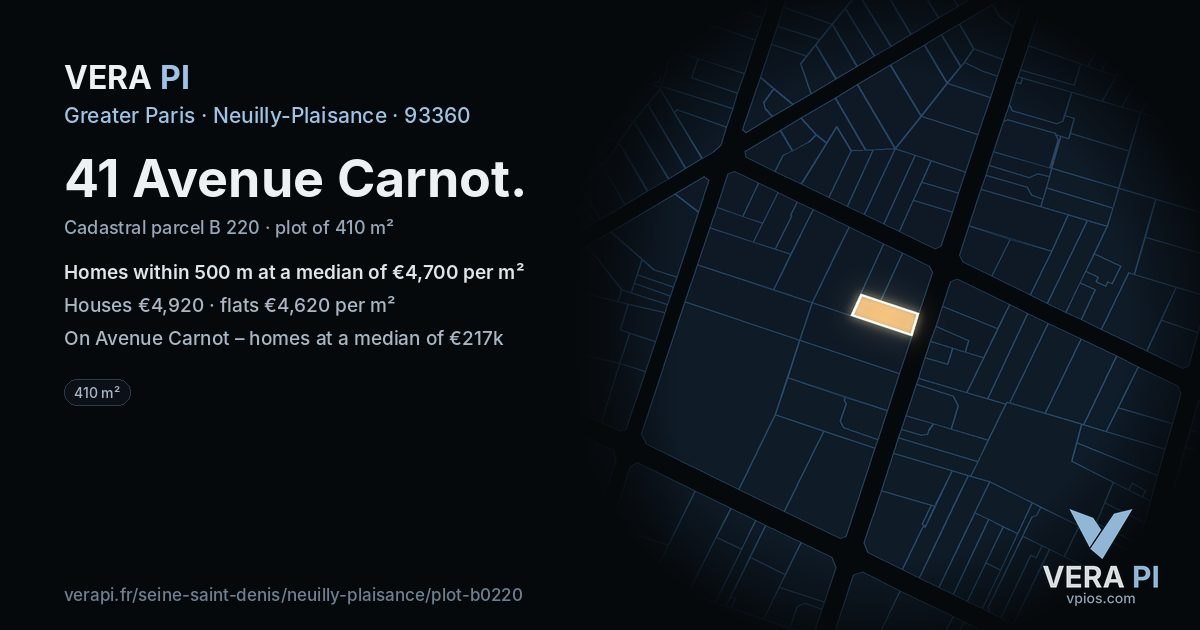 41 Avenue Carnot, Neuilly-Plaisance at night – the plot lit, the parcels around coloured by the prices near them