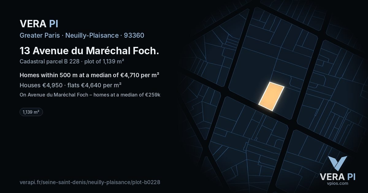 13 Avenue du Maréchal Foch, Neuilly-Plaisance at night – the plot lit, the parcels around coloured by the prices near them