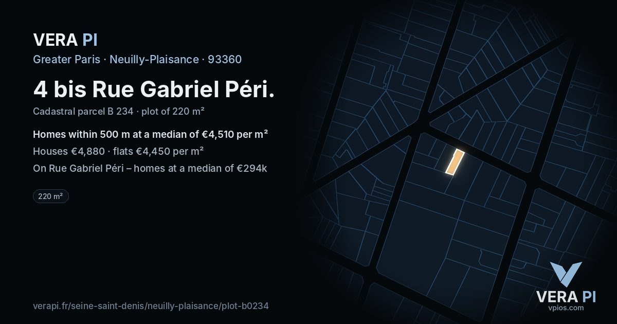4 bis Rue Gabriel Péri, Neuilly-Plaisance at night – the plot lit, the parcels around coloured by the prices near them
