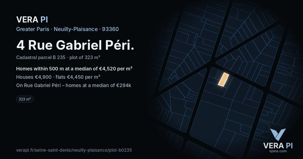 4 Rue Gabriel Péri, Neuilly-Plaisance at night – the plot lit, the parcels around coloured by the prices near them