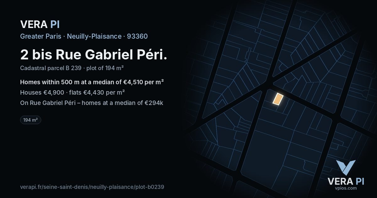 2 bis Rue Gabriel Péri, Neuilly-Plaisance at night – the plot lit, the parcels around coloured by the prices near them