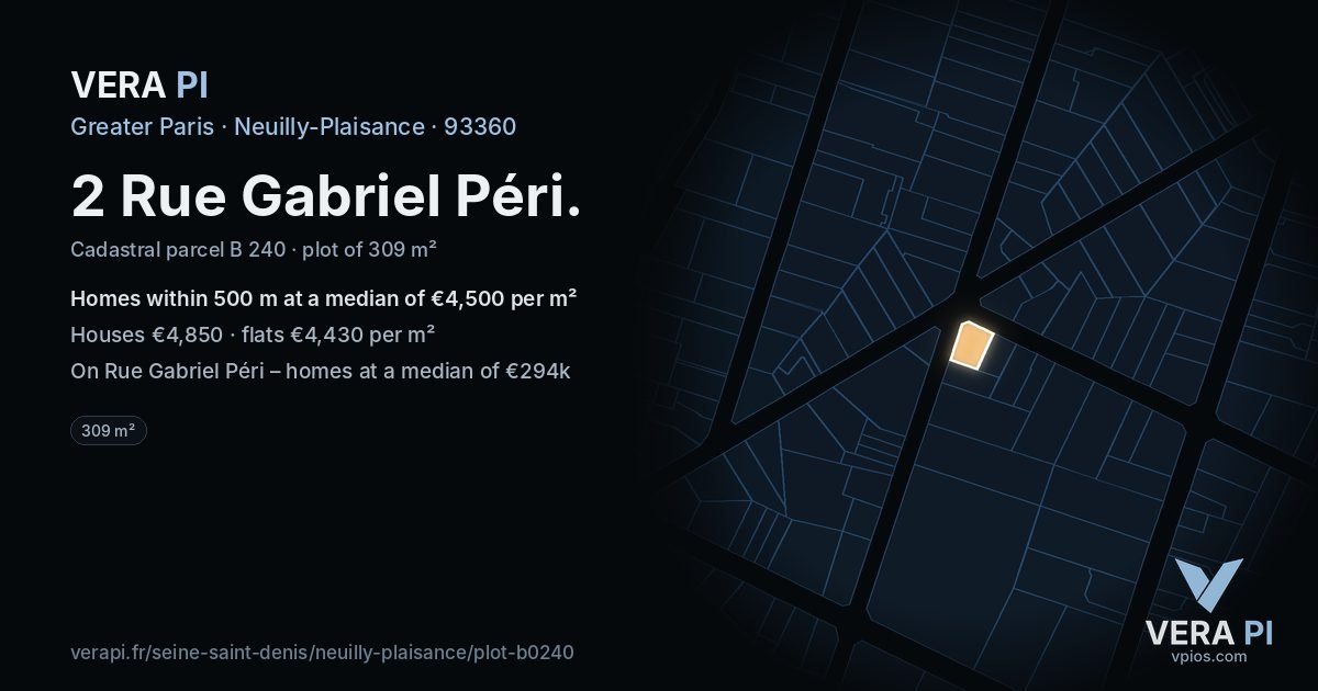 2 Rue Gabriel Péri, Neuilly-Plaisance at night – the plot lit, the parcels around coloured by the prices near them