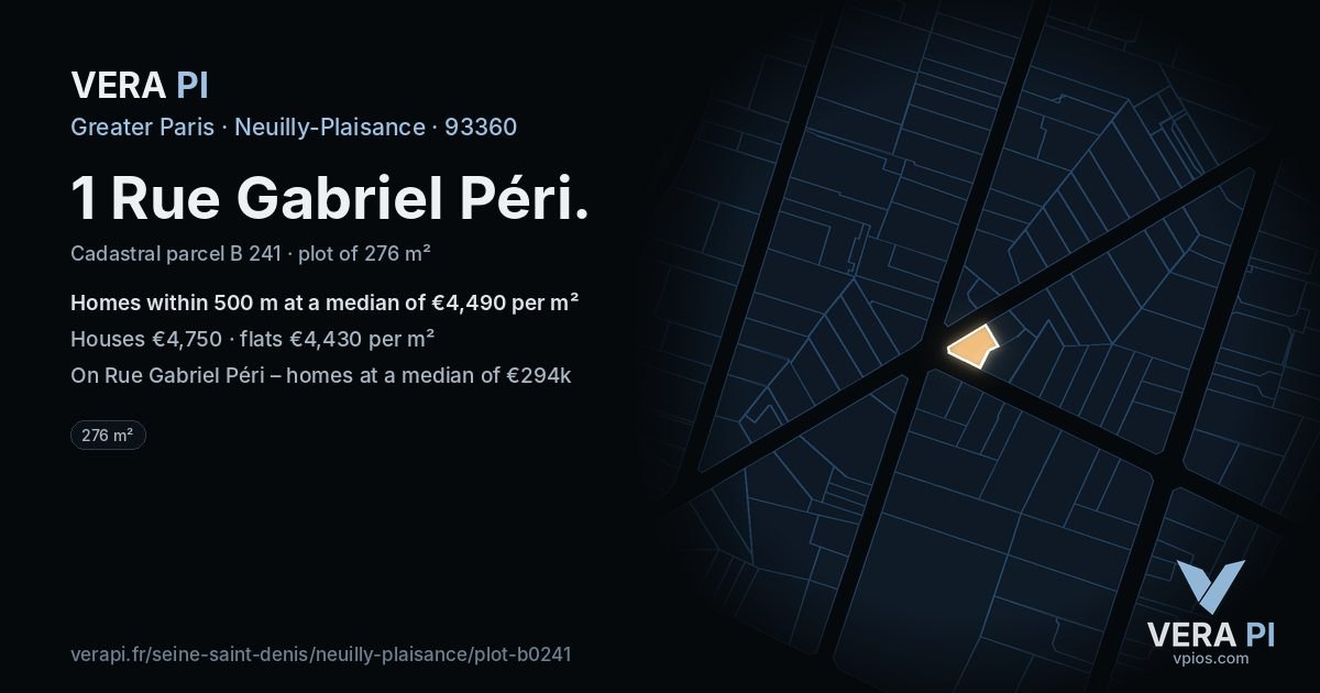 1 Rue Gabriel Péri, Neuilly-Plaisance at night – the plot lit, the parcels around coloured by the prices near them