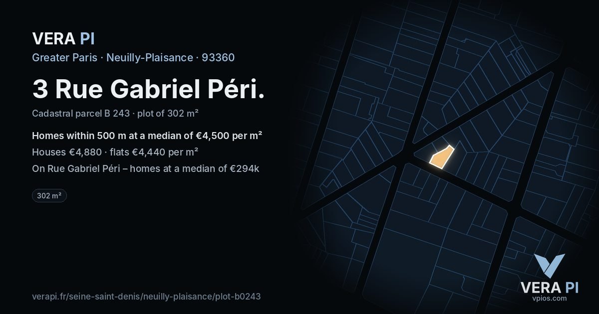 3 Rue Gabriel Péri, Neuilly-Plaisance at night – the plot lit, the parcels around coloured by the prices near them