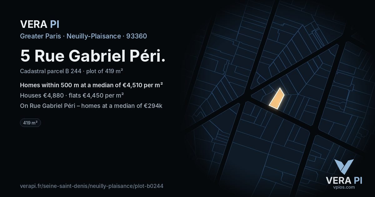 5 Rue Gabriel Péri, Neuilly-Plaisance at night – the plot lit, the parcels around coloured by the prices near them