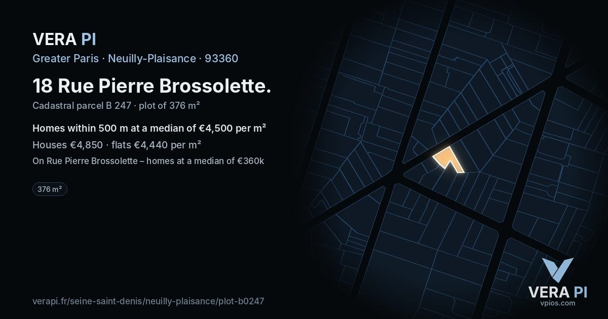 18 Rue Pierre Brossolette, Neuilly-Plaisance at night – the plot lit, the parcels around coloured by the prices near them