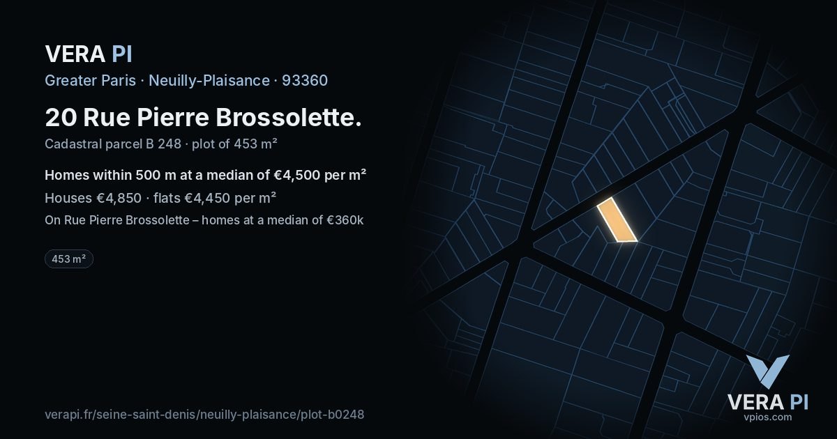 20 Rue Pierre Brossolette, Neuilly-Plaisance at night – the plot lit, the parcels around coloured by the prices near them