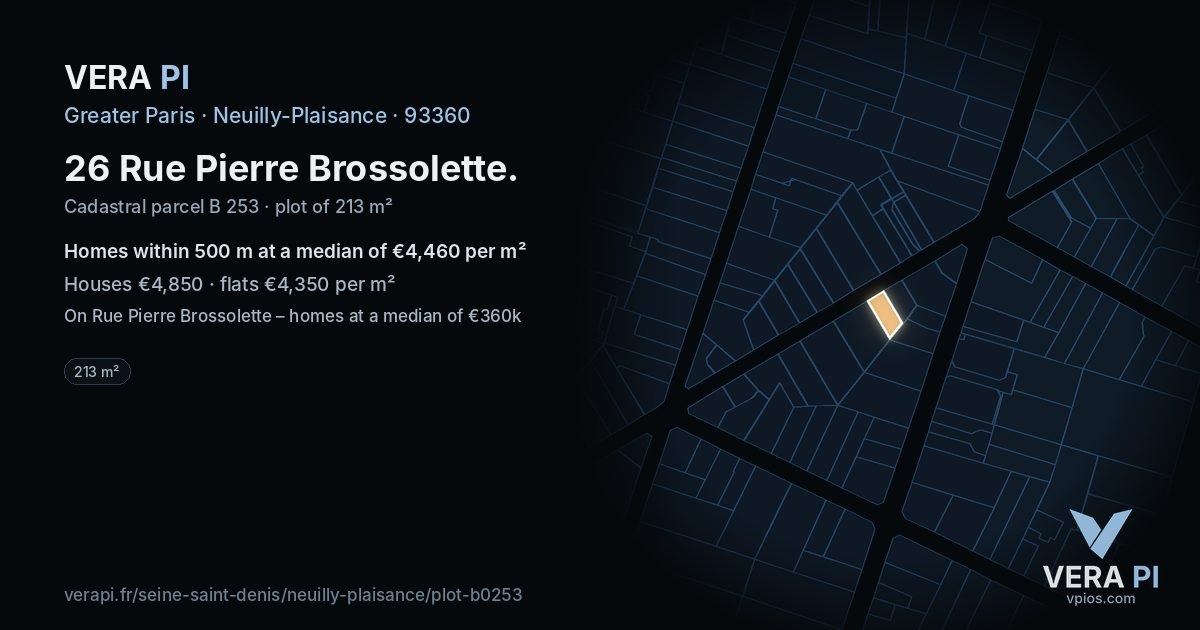 26 Rue Pierre Brossolette, Neuilly-Plaisance at night – the plot lit, the parcels around coloured by the prices near them